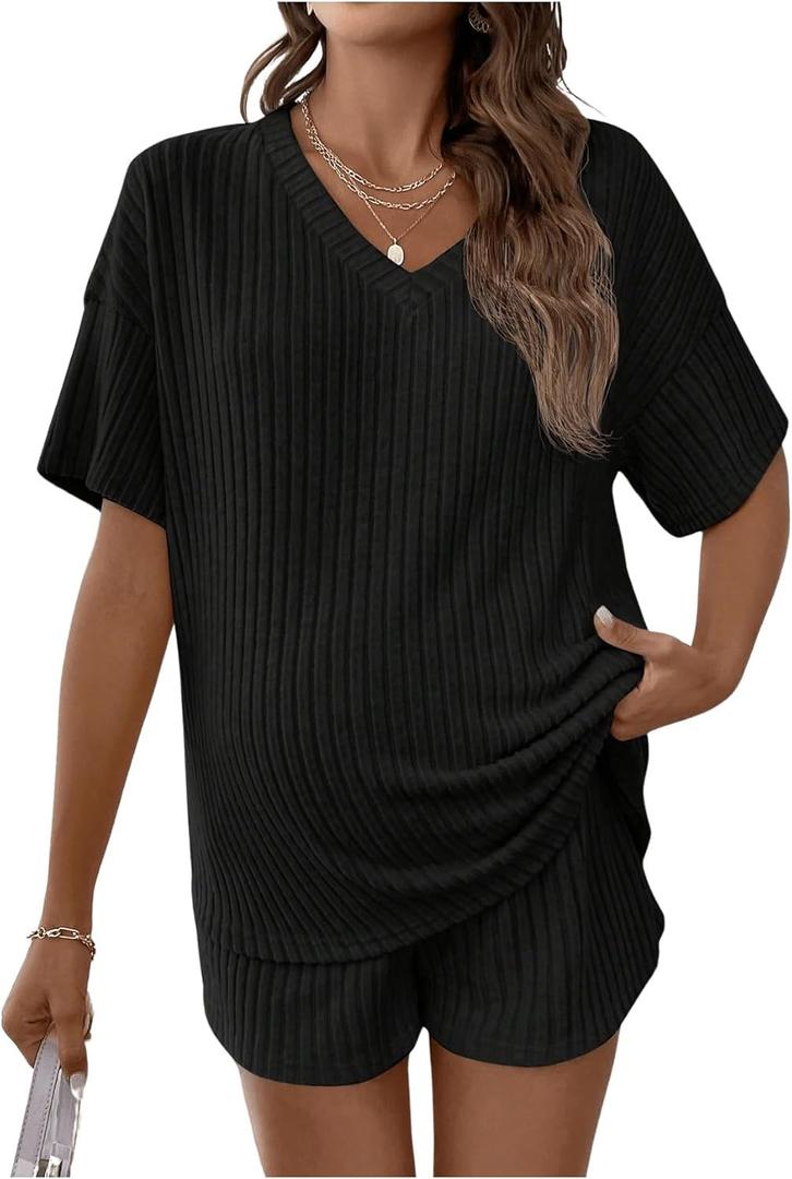 SweatyRocks Women's Maternity 2 Piece Outfits V Neck Short Sleeve Top and Elastic Waist Shorts Set (X-Large, Black)