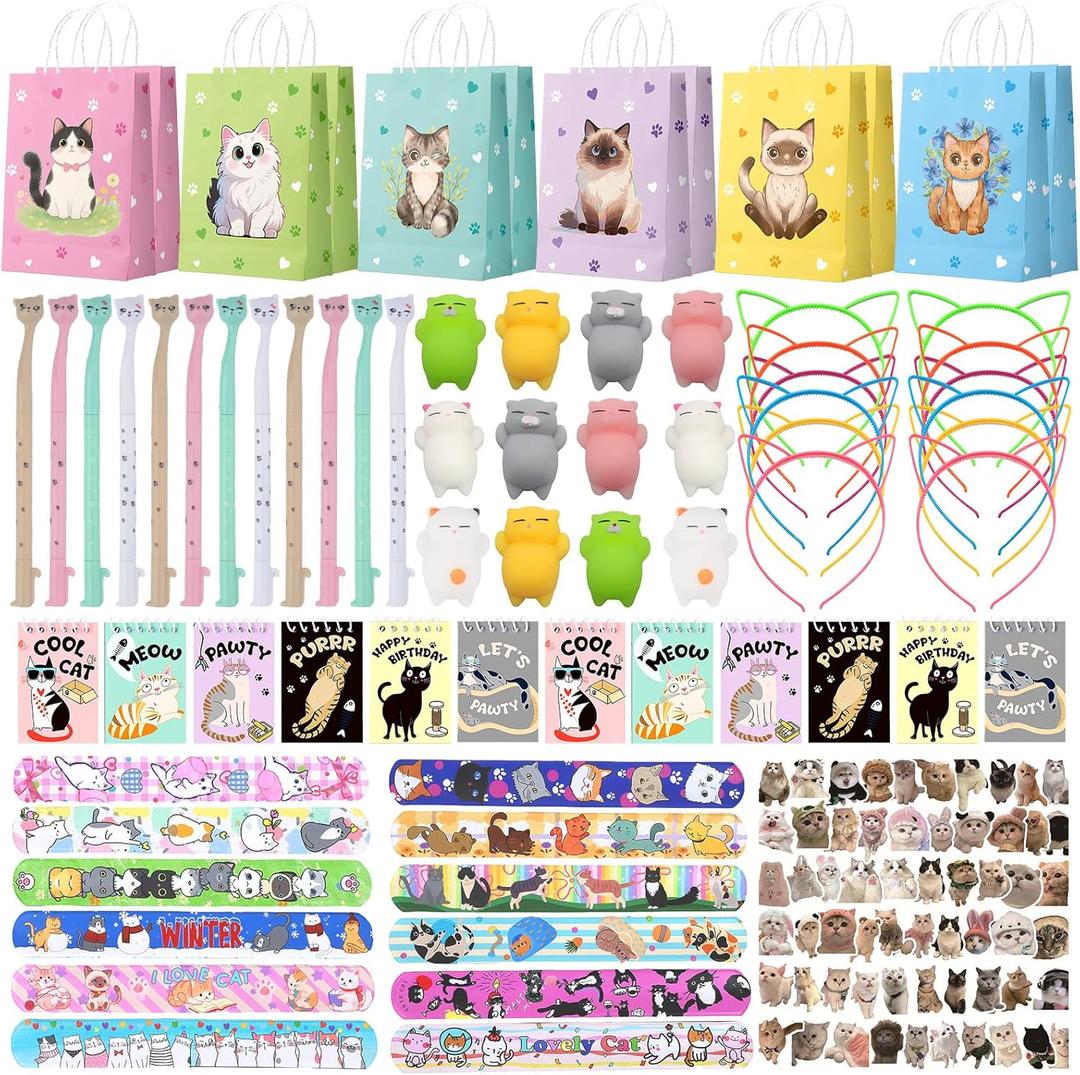 Cat Party Favors, Cute 132 Pcs Cat Themed Birthday Party Decorations with Goodie Bags Stuffer Pencil Headband Mini Notebook Slap Bracelet Squishy Toy Stickers for Kids, Fun Gifts for Girls