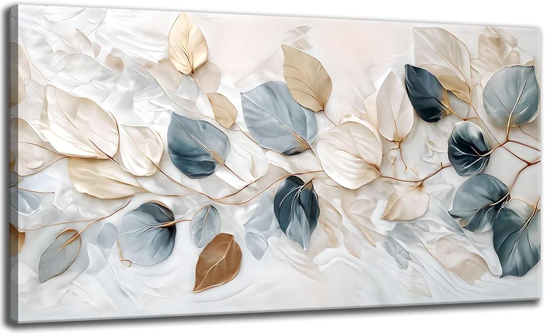 Large Living Eucalyptus Leaf Canvas Wall Art Teal White Botanical Abstract Decor painting Pictures Modern Nordic Plant Flowers Posters Prints for Bathroom Bedroom Office Hallway Home Decoration, 40"L x 20"W