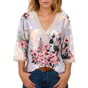 IRISGOD Womens 3/4 Length Sleeve V Neck Tops Dressy Casual Chiffon Blouse Summer Floral Bohemian 2025 Tredny Shirts, Medium