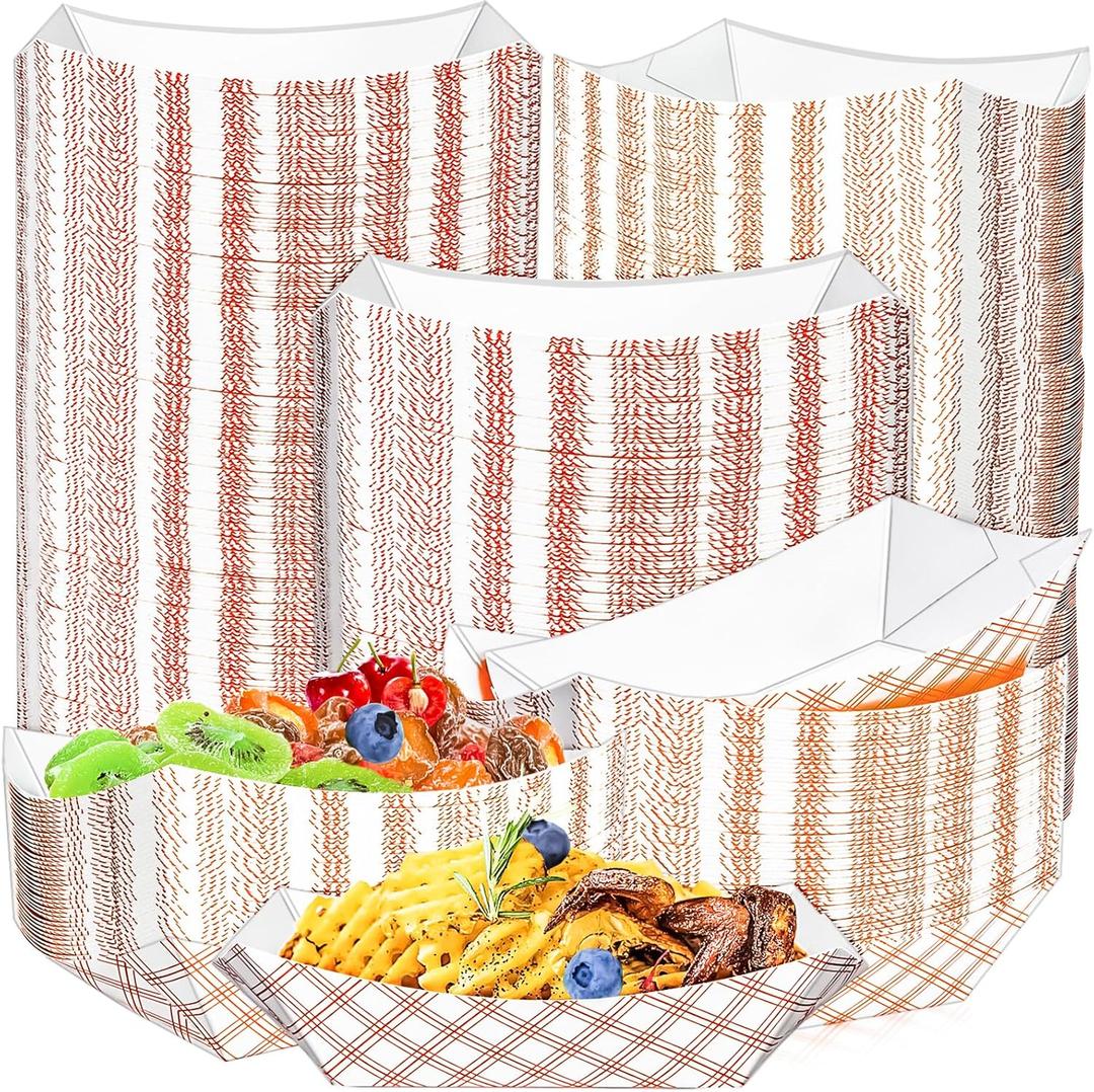 MotBach 180 Pack Checkered 1Lb Paper Food Boat Trays Disposable Paper Boat Plates Containers, Colored Kraft Food Serving Tray Boats Bowls for Snack Fries BBQ Popcorn Sandwich HotDog Dessert Taco Nacho