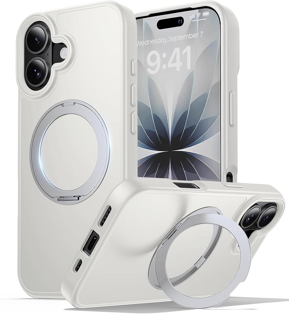 for iPhone 17 Case with Stand White, Fits MagSafe Ring, Military-Grade Drop Protection, Build in Kickstand,Slim Matte Finish Shockproof Phone Cover 6.3"