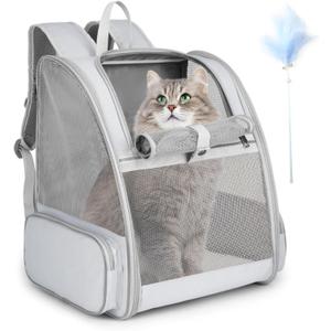 Cat Backpack Carrier, Large Pet Carrier Backpack with Kitten Wand Feather Toy for Medium Small Dog Cat Puppy Kitty Bunny up to 15lbs, Ventilated Mesh Kitten Bookbag for Travel Walking Outdoor (Grey)