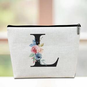 Initial Makeup Bag, Bridesmaid Gifts Travel Pouch, Personalized Gifts Lined Cosmetic Bag Toiletry Bag, Bridal Shower Monogrammed Gifts for Women Girls Sisters Nurse Makeup Pouch, Letter L