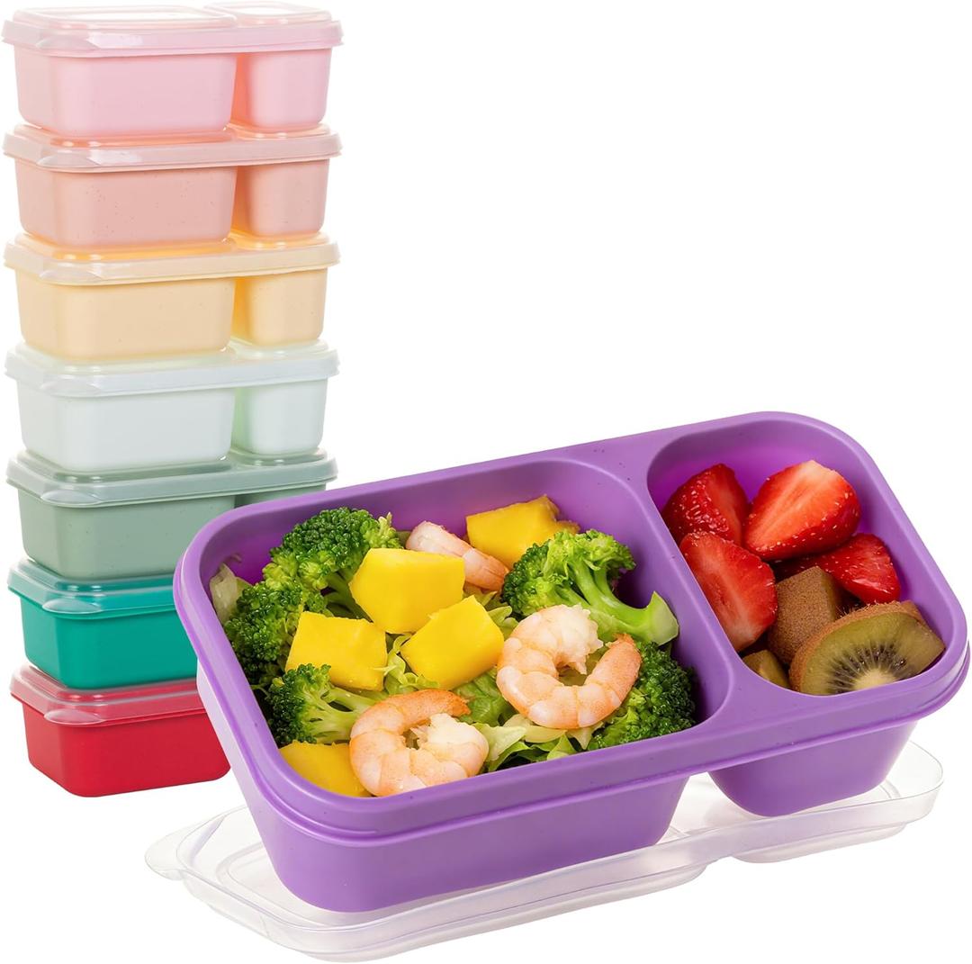 8 Pack Wheat Straw Snack Containers with Lids, 2-Compartment Reusable Bento Boxes for Meal Prep, Travel, Camping, and On-the-Go Snacks, Leak-Proof & Dishwasher Safe (8 Colors)
