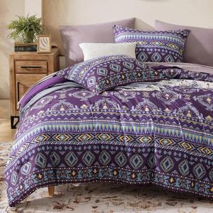 CASAAGUSTO Queen Size Comforter Sets, 7 PCS Dark Purple Boho Comforter Queen Size, Bohemian Striped Queen Bed in A Bag Set, Soft Bedding Set for All Seasons(90"X90")
