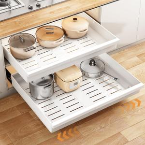 Wider & Deeper Pull out Cabinet Organizer, Expandable(13.6"-24") Heavy Duty Peel and Stick Roll out Drawer for Pots and Pans, Adjustable Adhesive No Drill Screw Slide out Drawers for Kitchen Cabinets