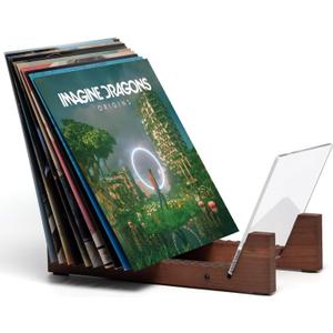 KAIU Vinyl Record Storage Holder - Solid Wood with Crystal Clear Acrylic Holder - Premium Design, Perfect 12" LPs or 7" Singles Display Unit - Stores and Supports up to 50 Albums (Vintage Brown)