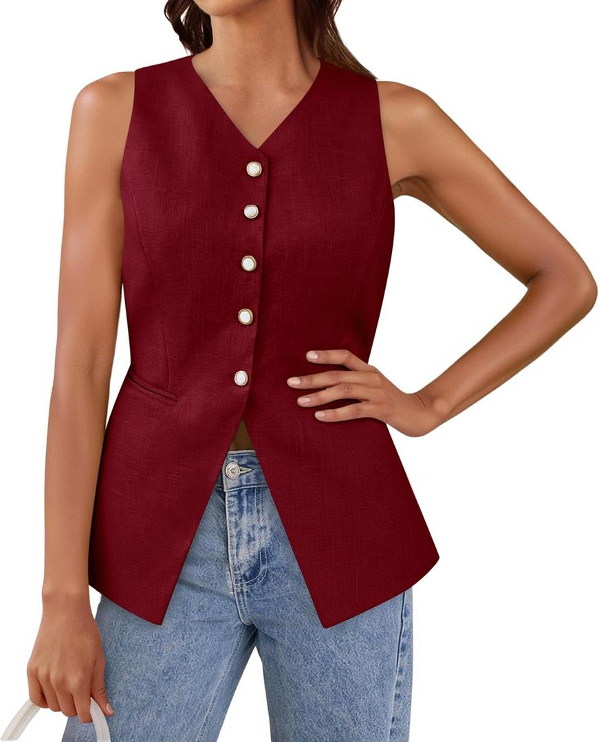 Tankaneo Womens Summer Suit Vest Tops Fashion Casual Sleeveless Blazers Split Hem Button Down Linen Work Waistcoat (Red, L)