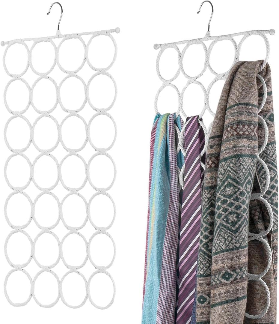 Flexzion Scarf Organizer for Closet - 28 Slot Scarf Hanger Hijab Organizer, Space Saver for Socks, Shawls, Ties, Towels, Belts, Multi Purpose Hanging Rack Storage, 2 Pack White