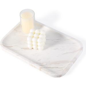 Karibiber Marble Vanity Tray, Marble Bathroom Tray Countertop, Decorative Trays for Dresser Organizer, White Stone Storage Serving Trays for Kitchen, Perfume, Jewelry Cathall Holder, Unique Veining
