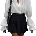 SweatyRocks Women's Puff Sleeve Button Down Shirt Vintage Loose Fit Blouse Dressy Casual Tops (White) S