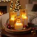 Gold Glass Flameless Pillar Candles,LED Fake Candles Battery Operated Set of 3(Hello Happy and Smile)
