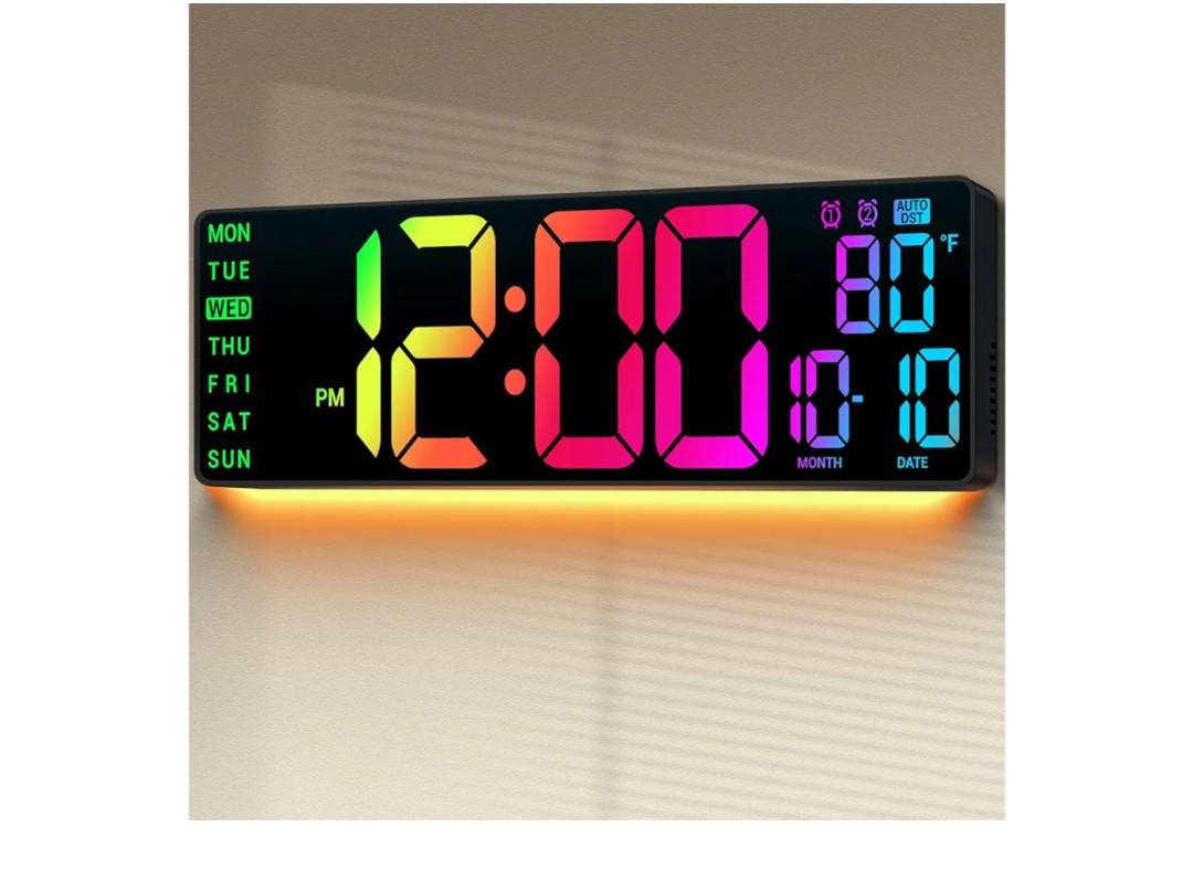 16.5" Large Digital Wall Clock: 11 RGB Color LED Display with Remote Control, Auto DST, Temperature & Date, Big Number Wall Clock for Seniors, Classroom, Office, Gym, Home Decor Black