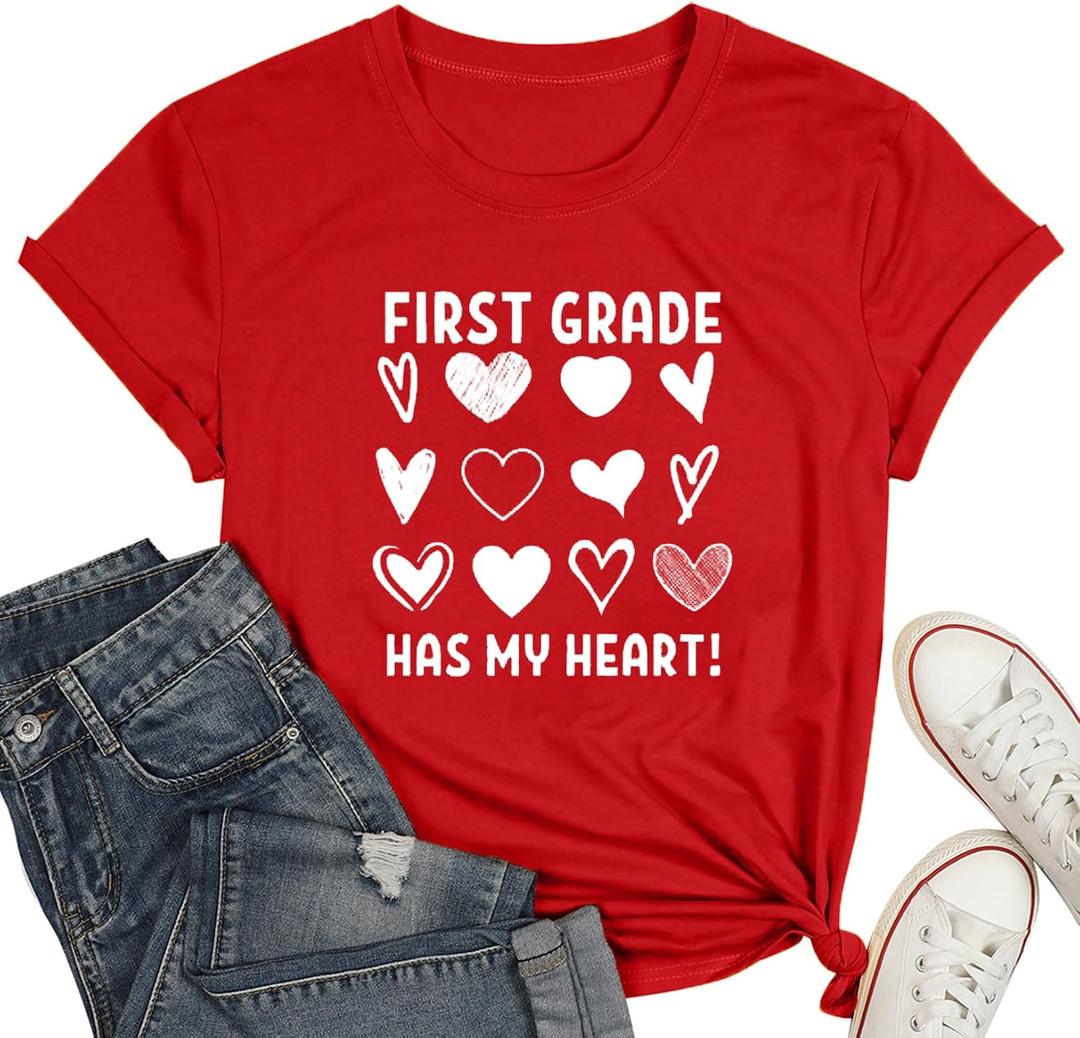 Teacher Shirts for Women-Hello Kindergarten Teacher Short Sleeves Teaching Life Shirt Rainbow Heart Tee Tops (Red, M)