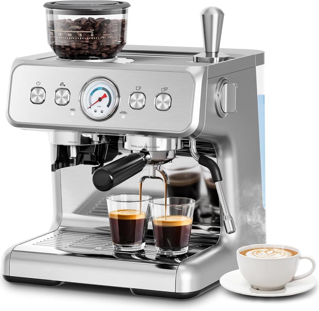 Kismile Espresso Maker with Grinder, 15 Bar Automatic Espresso Machine with Removable Water Tank, Milk Frother Steam Wand for Latte & Cappuccino, Professional Coffee Machine for Home (Stainless Steel)