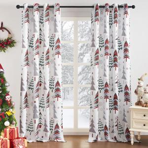 Topfinel Christmas Curtains 84 Inch Length for Living Room 2 Panels Set,Grommet Xmas Decoration Window Curtains with Christmas Tree and Snowflake Print for Bedroom,Set of 2,52x84 Inches Long,White