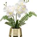 White Orchids Artificial Flowers in Gold Pot Faux Phaleanopsis Orchid Bonsia Fake Orchid Centerpiece for Dining Room