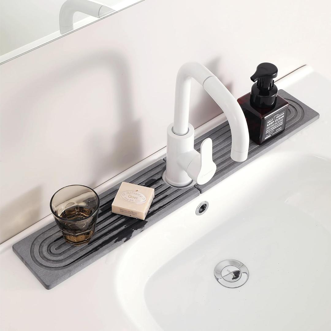 24'' Longer Faucet Mat for Kitchen Sink [Diatomite Stone Super Fast Drying] Stone Faucet Mat for Kitchen Sink Splash Guard Sinks Stones Quick Dry Around Faucets Stones Drying Mats Bathroom (23.7" x 4", Dark Gray)