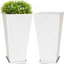 Set of 2 Tall Square Planter, 24 Inch Large Outdoor Planters for Plants, Tapered Plastic Plant Pots with Drainage Holes& Trays, Modern Gardening Flower Pot for Patio Front Porch Decor, White
