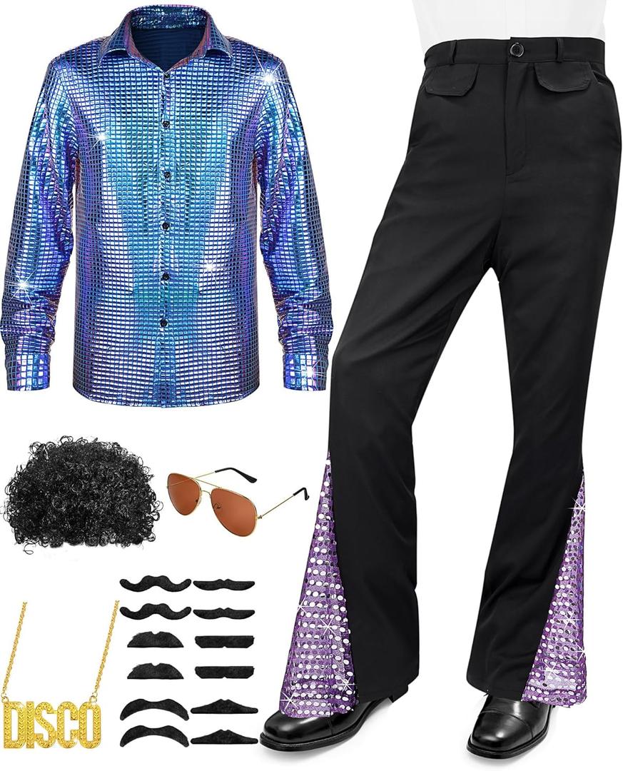 Mens 70s Disco Outfit Costume Bell Bottom Pants Shirts Wigs Necklace Mustache Sunglasses (Large, Purple)