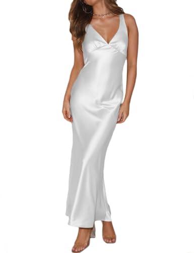 Womens Elegant Satin V Neck Backless Sleeveless Maxi Dress Silk Tie Low Back Formal Cocktail Dresses Wedding Guest White, Medium