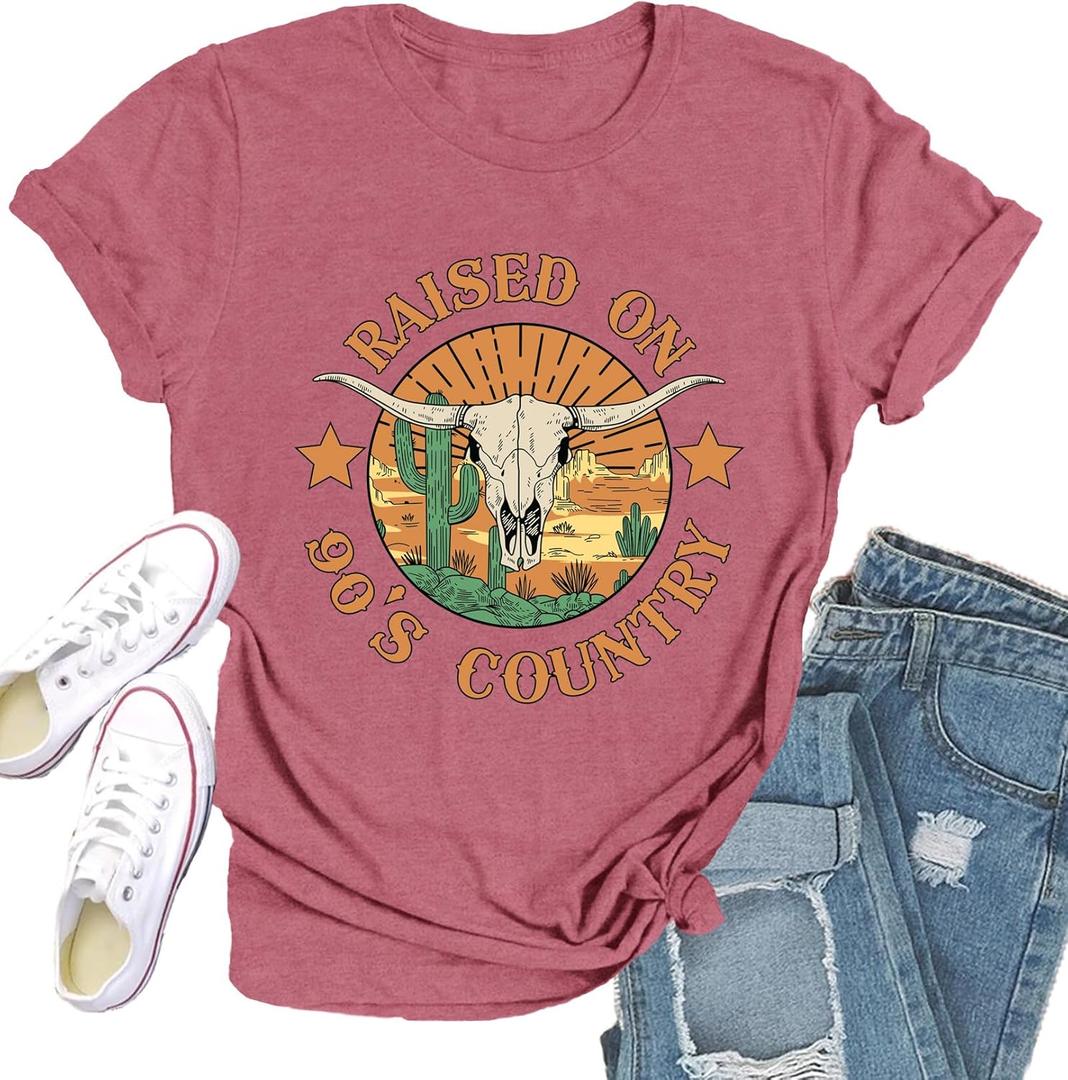 Western Shirts for Women Cactus T-Shirt Country Themed Tee Tops (Pink, XL)