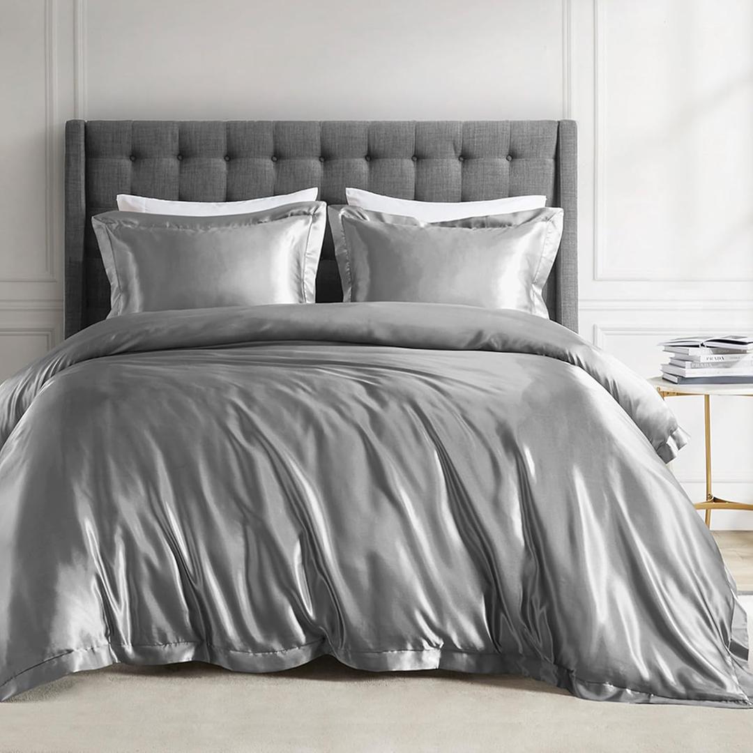 Madison Park Queen Satin Comforter Set Luxuriously Smooth on Hair & Skin, Lustrous, Silky Comforters Queen Size All Season Satin Luxury Bedding Set Queen, Shams, Full/Queen, Grey 4 Piece