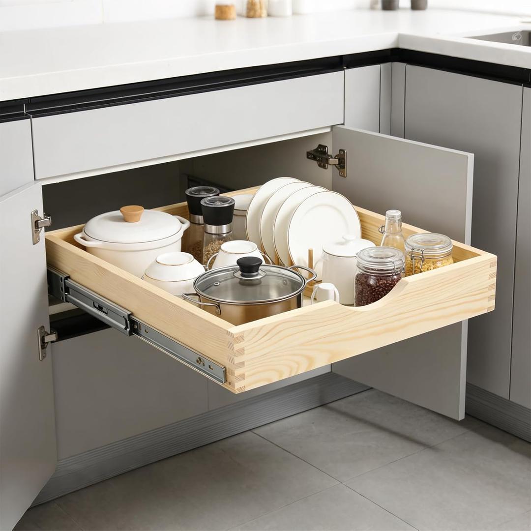20" Pull Out Cabinet Drawer (Fits 21" Cabinet Opening), Wood Slide Out Cabinet Shelf Organizer with Ball Bearing Slides, Clear Lacquer Finish, Heavy Duty Kitchen Cabinet Pull Out Shelves
