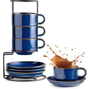 Gomakren 6 Ounce Cappuccino Cups with Saucers and Metal Stand, Stackable Coffee Cup Set of 4, Valentine Porcelain Espresso Cups for Coffee Drinks, Cappuccino, Latte, Americano, Tea, Cobalt Blue