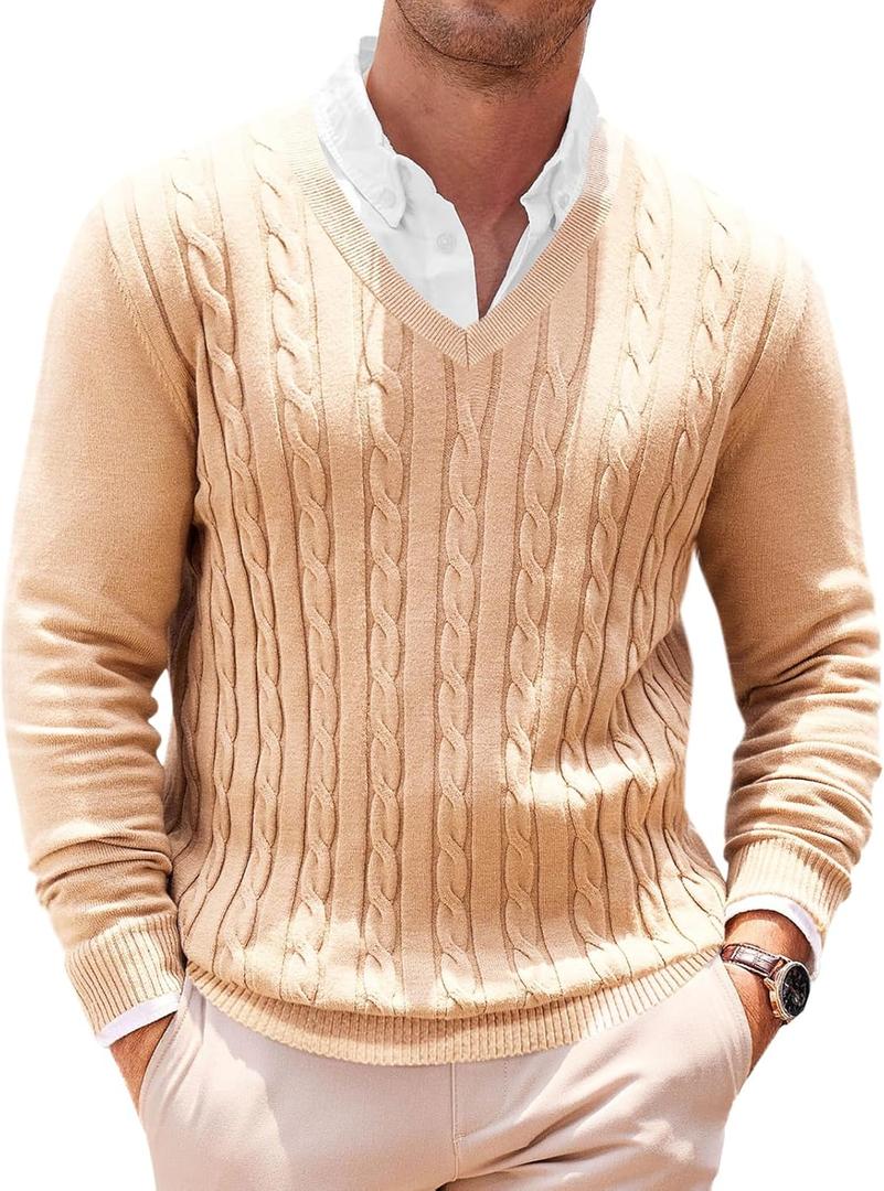 Runcati Mens V Neck Sweater Cable Knit Long Sleeve Casual Ribbed Twisted Pullover Sweaters (XX-Large, Khaki)