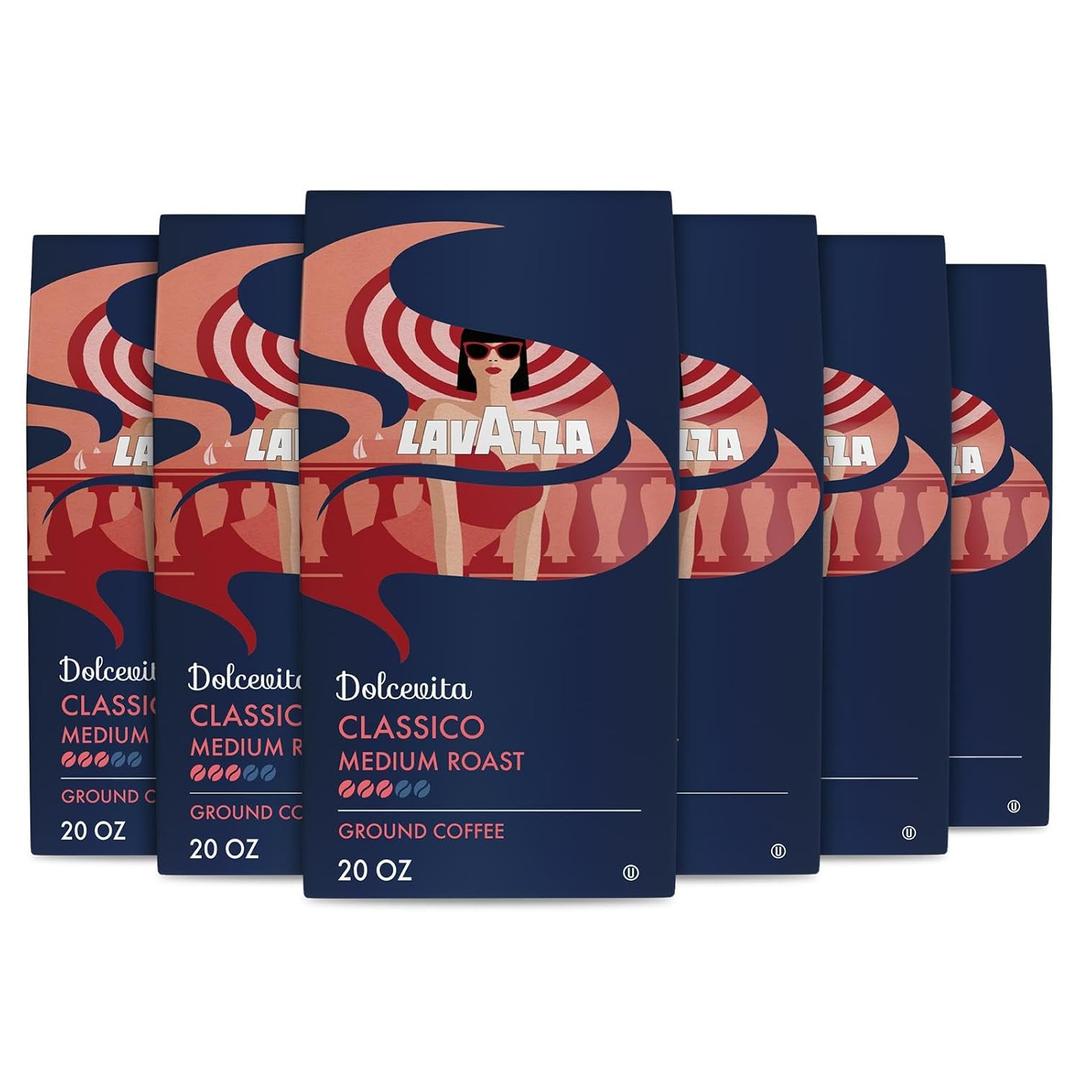 Lavazza Classico Ground Coffee Blend, Medium Roast, Premium Coffee, 100% Arabic, Value Pack, Non GMO, 20 Ounce (Pack of 6), Best By 06/20/2027