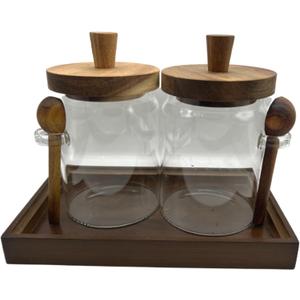 BEECO GIF2U Glass Jars with Brown Wooden Lids and Scoops 20 Oz 2Pack with Tray, Airtight Food Storage Containers with Tray for Sugar Coffee Bean Candy Spice