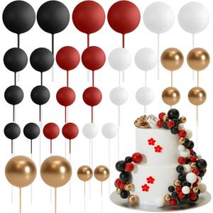 ASTARON 32 Pcs Ball Cake Topper Decorations Mini Balloons Cake Topper Sticks Foam Balls Cake Picks for Graduation Wedding Party Birthday Cake Decorating (Red Black)
