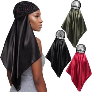 3 Pcs Wrap Hair Net with Scarf, Women Silk Press Doobie Hair Wrap Netted Scarf 2 in 1 Easy-to-use for Silk Press & Nighttime Care, Sleep & Shower Cap(Classic Minimalist,Red Black Green)