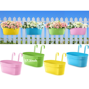 Honeydak 4 Pcs 17.3 Inch Large Metal Iron Hanging Flower Pots Outdoor Rail Planter with Detachable Hooks and Drainage Holes Deck Railing Fence Flower Buckets Plant Holder for Home (Multicolor)