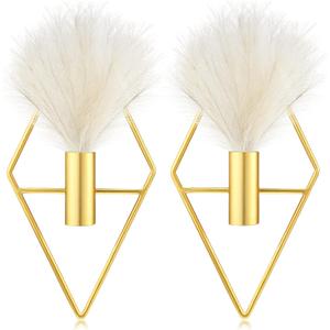 Peryiter 2 Pcs Boho Wall Decor Metal Gold Wall Art Hanging Planters with Artificial Pampas Modern Home Decor Display Art for Living Room Bedroom Bathroom(Rhombus)
