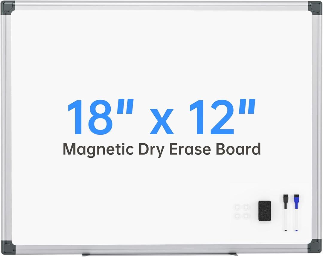 VUSIGN Magnetic White Board 18" x 12" with 1 Dry-Erase Eraser, 2 Multicolor Marker, 4 Magnetic Pins, Sliver Reinforced Aluminum Frame for Office, Home, School (18"W x 18"H)