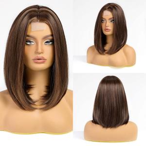 HAIRCUBE Short Wigs for Women,Brown Bob Wig Shoulder Length Synthetic Wig Heat Resistant Hair for Daily Party Use 16 Inches(Brown Mixed Blonde)
