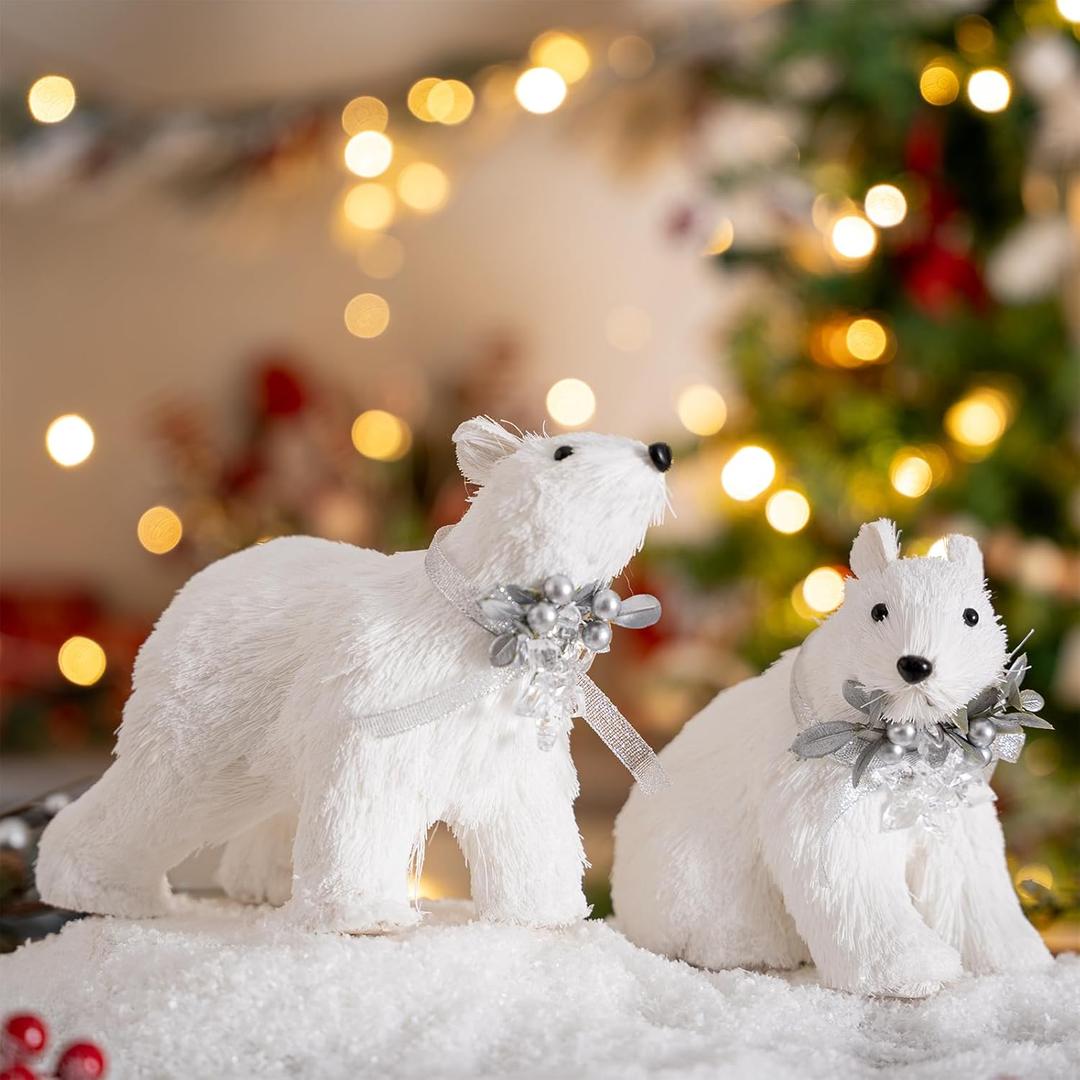 2PCS Christmas Sisal Polar Bear Decoration White Sisal Polar Bear Woodland Animals Figurines with Scarf, for Seasonal Gift Winter Centerpiece Christmas Tabletop Decorations Fireplace Decor