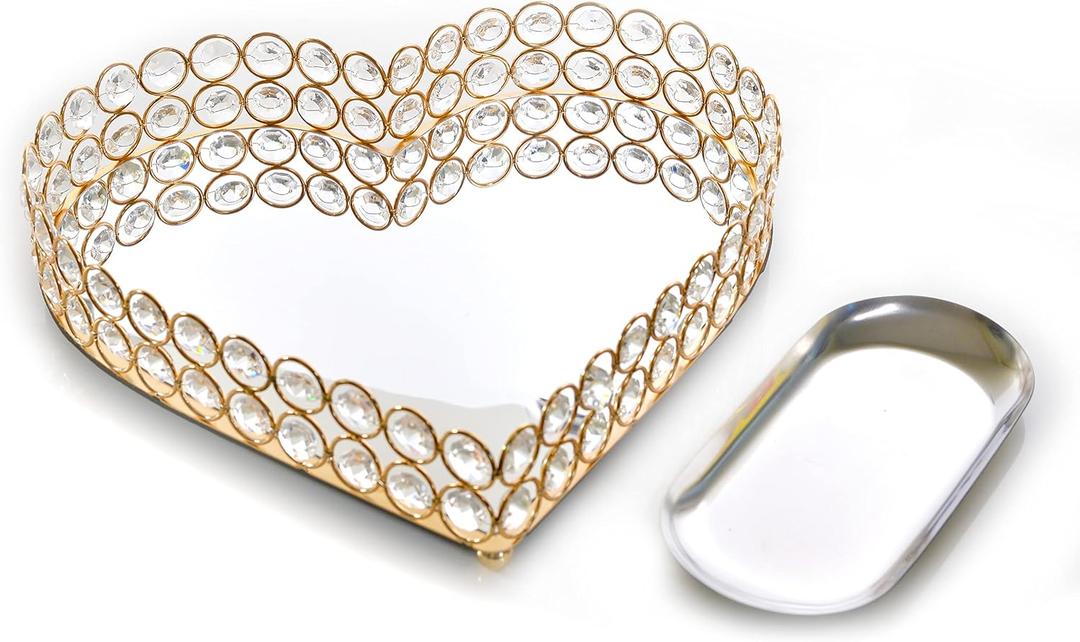 Heart Shaped Decorative Tray Metal Crystal Vanity Trays Glass Mirror Perfume Organiser Makeup Jewelry Trinket Holder for Party & Holiday Home Decoration (Heart, 11in, Gold) (11" x 11" x 2")