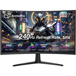 ArcticPro 27inch 240Hz Curved Gaming Monitor, FHD 1080p, 1ms Response Time, 4000:1 Contrast, PC Monitor, Adaptive sync, 3-Sided Frameless, Ultra Slim, 120% sRGB, Bluelight Filter,HDMI & DP Ports
