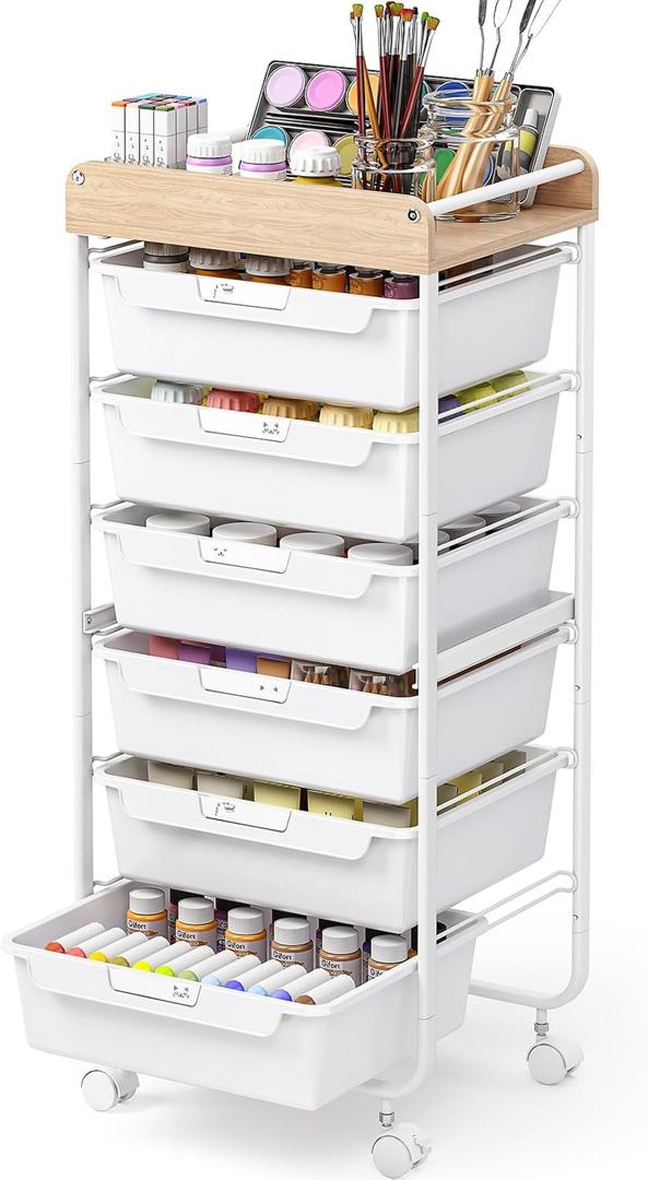SYKIARIOL Rolling Cart with 6 Drawers,Utility Storage Cart with Drawers,Art Craft Organizers and Storage,Makeup Organizer with Wooden Tabletop,White
