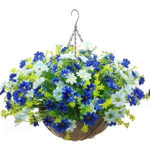 Artificial Faux Hanging Plants Flowers Basket for Summer Autumn Outdoor Outside Porch Decoration, Fake Silk Colorful Daisy Eucalyptus UV Resistant Look Real for Home Patio Balcony Yard (Blue)