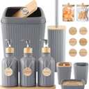 Grey Bathroom Accessories Set 17PCS Bathroom Set with Trash Can 3PCS Lotion Soap Dispenser, Toothbrush Holder, Soap Dish,Tumbler Cup,6PCS Wood Tags Bath Accessories with Tray for Bathroom