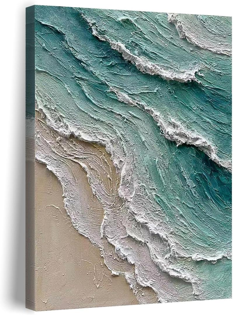 Diathou Art Hand-painted oil painting of a beach scene with waves. Modern abstract blue landscape art as a wall decoration for home office. 36x24 inches.