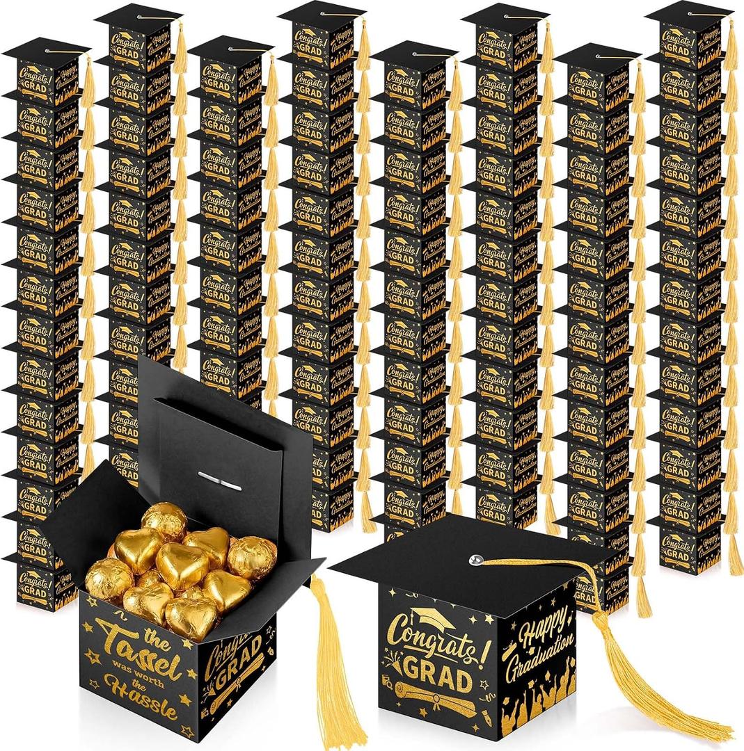 Crtiin 100 Pcs Graduation Candy Boxes with Tassel Graduation Party Favors 2026 Graduation Gifts Graduation Decorations Grad Cap Candy Box for Candy Biscuit Chocolate Supplies (Black and Gold)