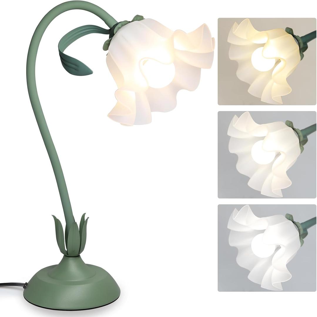 Flower Table Lamp for Bedroom, 3 Colors Flower Reading Light with E26 Bulb, Cute Lily Desk Lamp Bedside Lamps for Nightstands Home Decor, Adjustable Flexible DIY Floral Lamps for Living Room Office (Green)