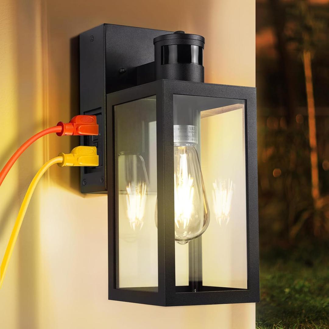 Porch Light with GFCI Outlet,Dusk to Dawn Motion Sensor Outdoor Light,3 Lighting Modes Exterior Lights Fixture,Anti-Rust Front Porch Light Wall Lantern(Bulb Not Included)