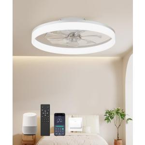 20'' Flush Mount Ceiling Fan with Light, Low Profile Smart Ceiling Fan, 6-Speed & Dimmable LED, Alexa/Google Home Voice Control,Reversible Airflow, App Timer, Memory Function for BedroomWhite